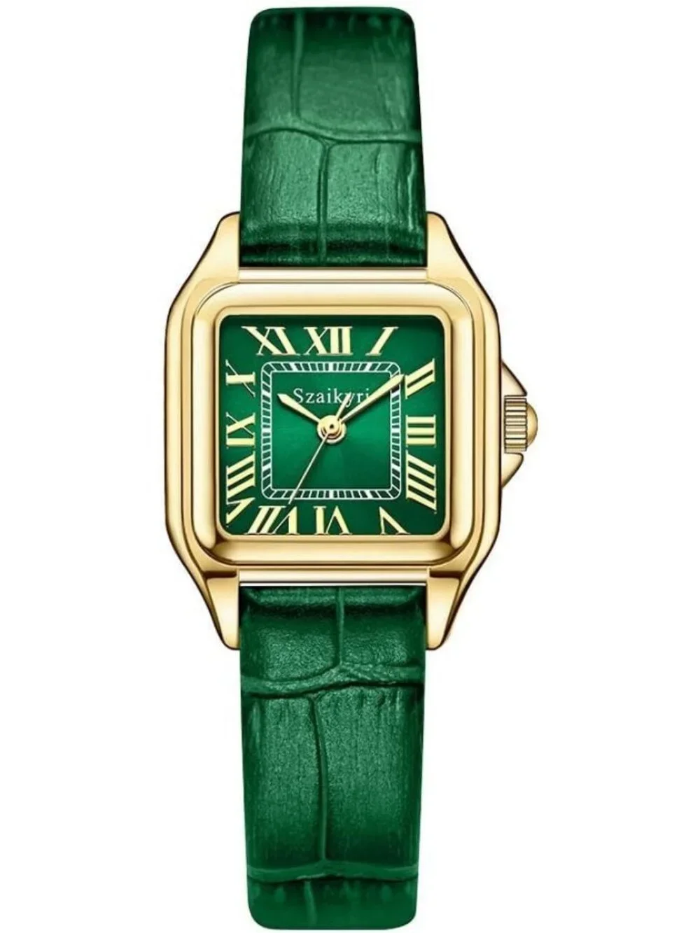 Women's Green-Gold Classic Square Dial Dainty Vintage Leather Band Wrist Watch